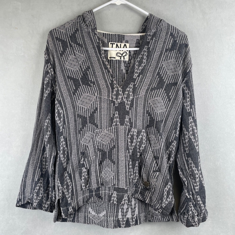 TNA Aritzia Baja Hoodie Cotton Jacquard Geometric Tribal Pullover Grey Black XS